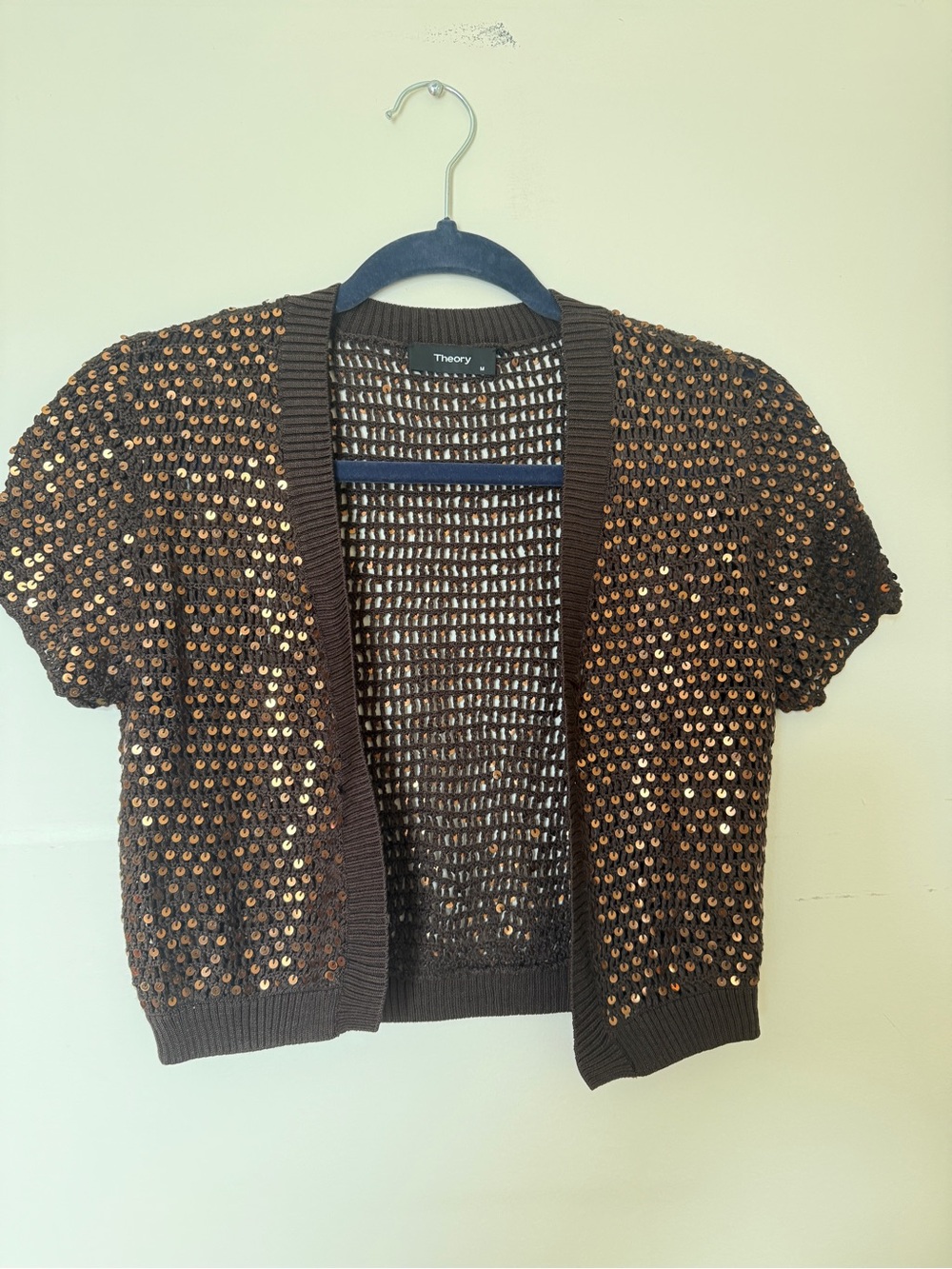 Theory 100% Silk Sequin Open Knit Cropped Cardigan Brown Size M